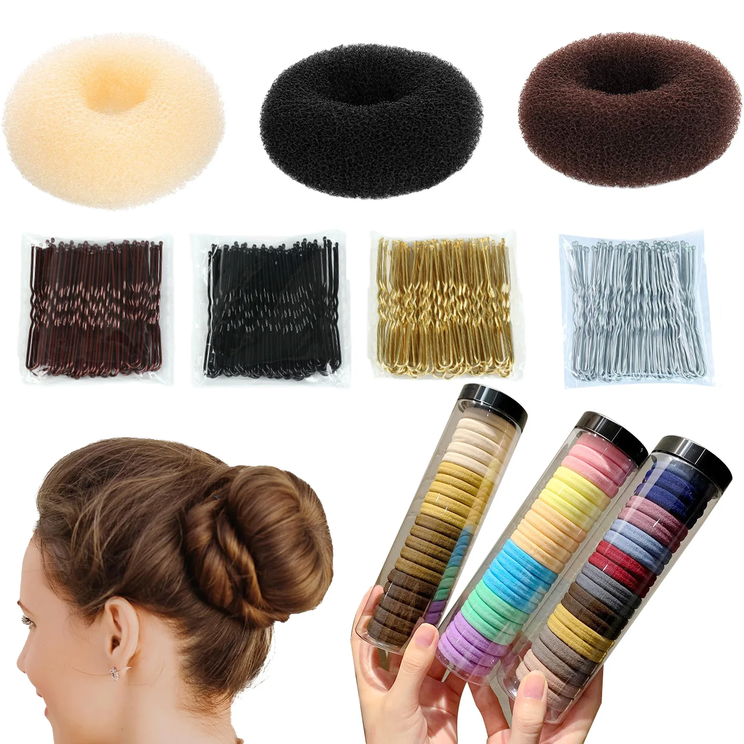 Hair Bun Maker Kit, Donut Bun Maker Elastic Hair Ties Hair Bobby Pins U Shaped Clips Ponytail Holders Accessories for Girls