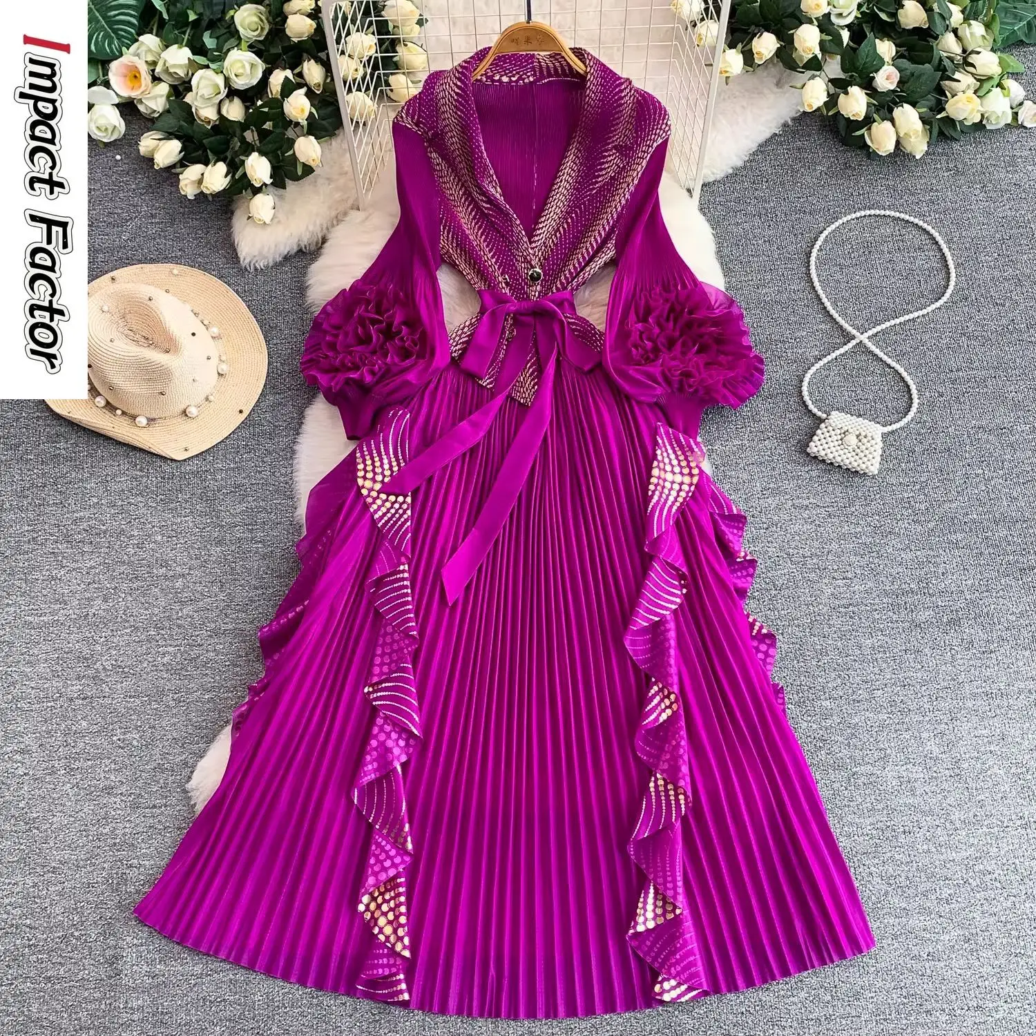 

Miyake Elegant Women's Dress Design Bronzing Flower Lantern Sleeves Suit Collar Waist Pleated Ruffle Edge Dress
