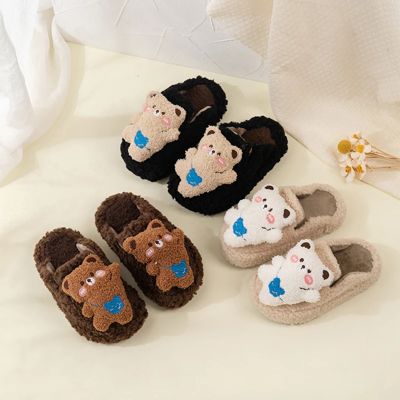 

Children Slippers with Cute Bears Kids Warm Suede Shoes for Winter 2025 New Fashion Girls Fashion Slippers Soft Bottom Non-slip