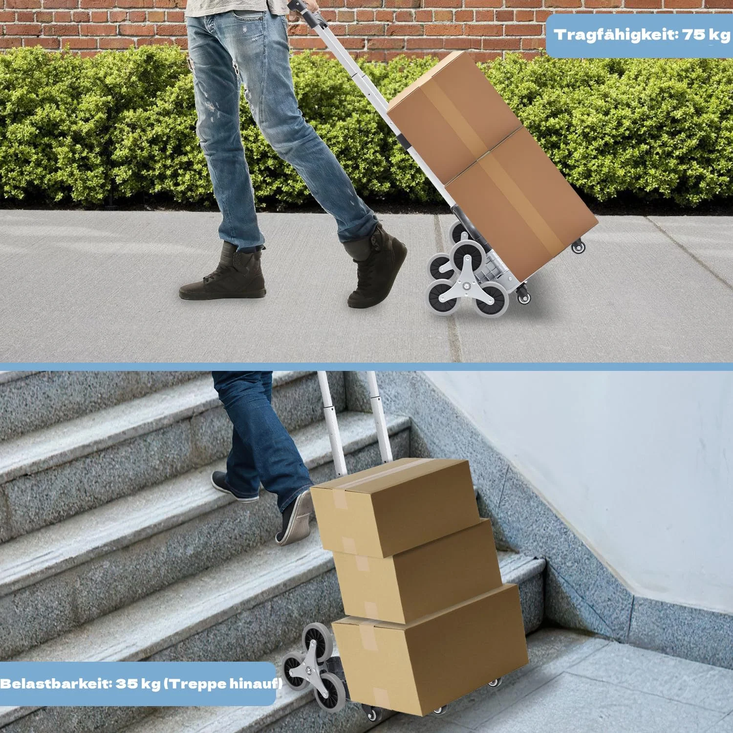 عربة نقل من الألومنيوم، شاحنة كيس قابلة للطي، سعة تحميل 35-75 كجم، مقبض ثلاثي الارتفاع قابل للتعديل، عربة درج