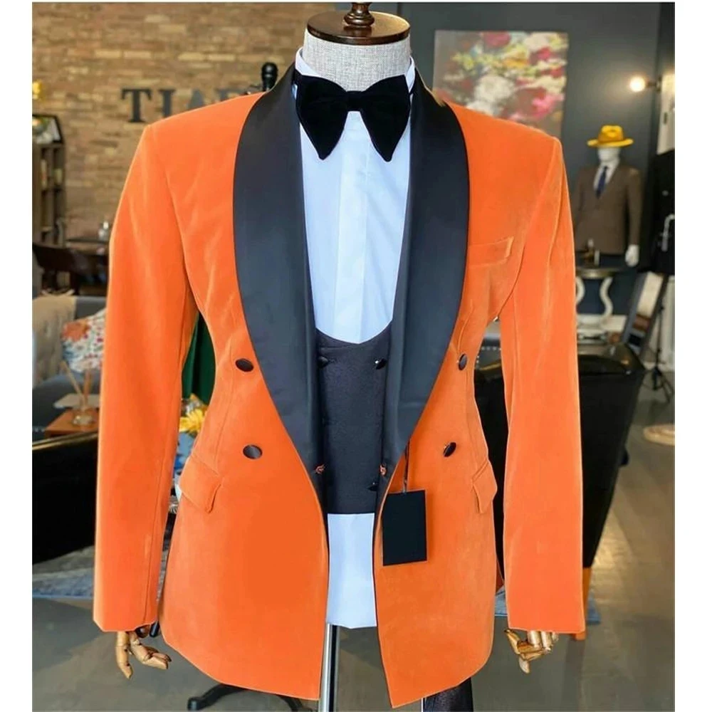 

Orange Men Suits Black Lapel Costume Homme Wedding Groom Tuxedos Terno Masculino Slim Fit Prom Blazer 3 Pcs (Jacket+Pant+Vest)