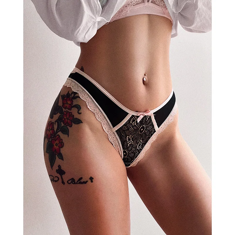 SP&CITY Lace Bow Sexy Transparent Women\'s Underwear Low Waist Perspective Hollowed Panties Erotic Cotton Crotch Seamless Briefs