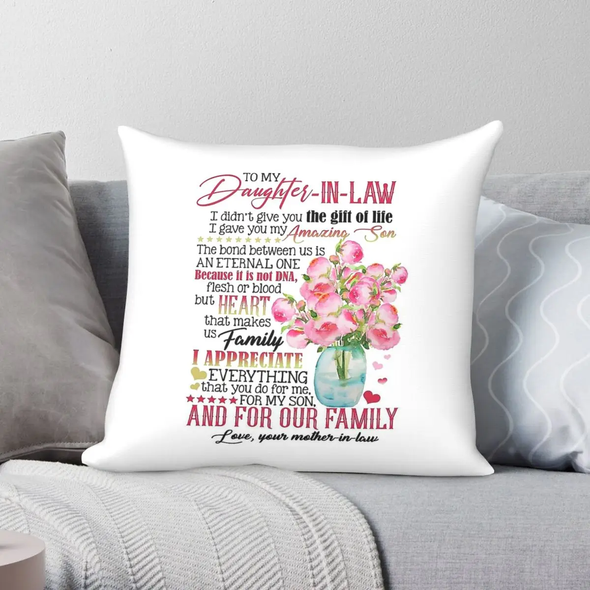 To My Daughter-In-Law Flower Square Pillowcase Polyester Linen Velvet Creative Decorative Pillow Car Cushion Cover Wholesale