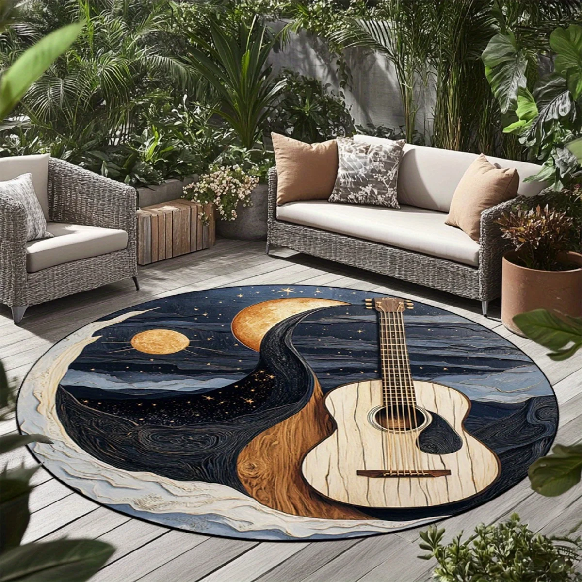 Flannel Printed Round Rug Guitar And Moon Design Cosmic Music Pattern Soft Floor Mat For Outdoor Patio Garden Home Decor