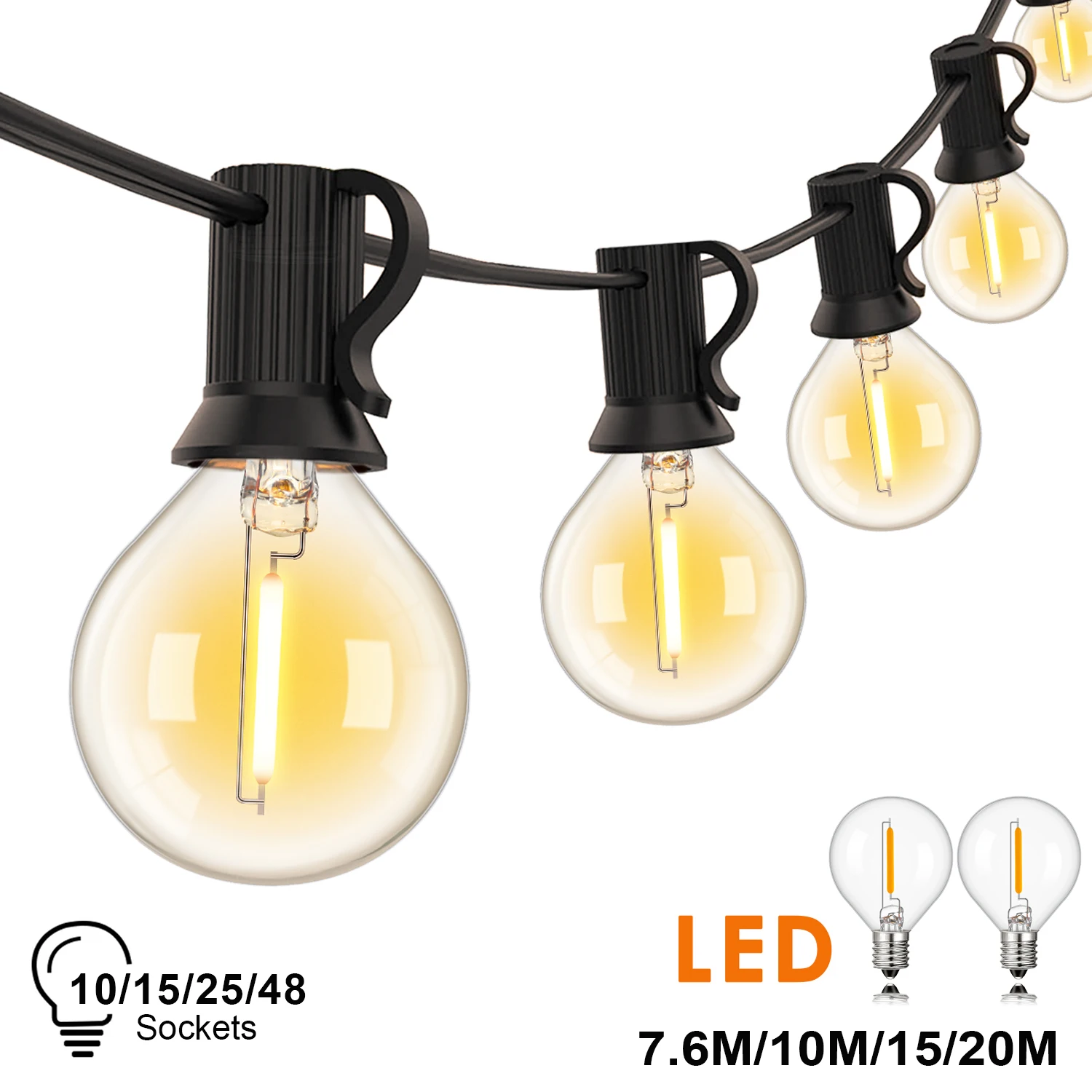 G40 Wewnętrzna zewnętrzna lampa sznurkowa E12 Gniazdo EU Wtyczka 220V Możliwość podłączenia Ściemnialny łańcuch świetlny Vintage Fairy do wystroju patio na podwórku