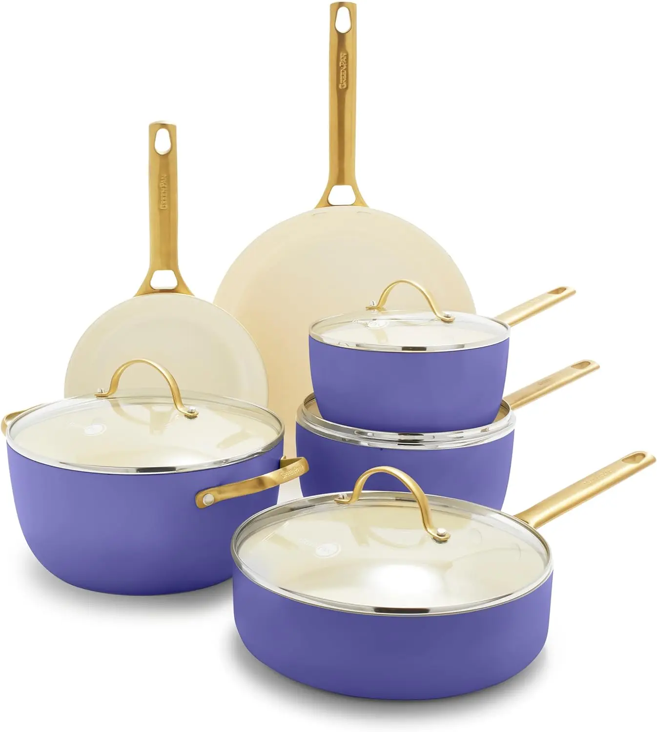 Hard Anodized Healthy Ceramic Nonstick 10 Piece Cookware Pots and Pans Set, Gold Handle, PFAS-Free, Dishwasher Safe,Periwinkle