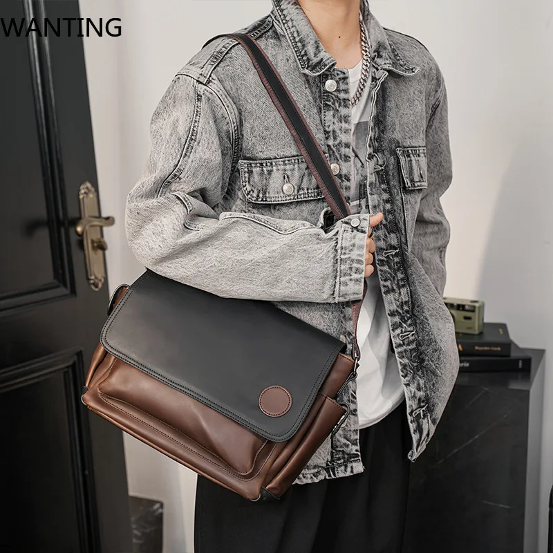 كريزي هورس جلد الرجال حقيبة كتف موضة فاخرة حقيبة ساعي الرجال حقيبة كتف قدرة عالية السفر عبر الجسم حقائب اليد #3