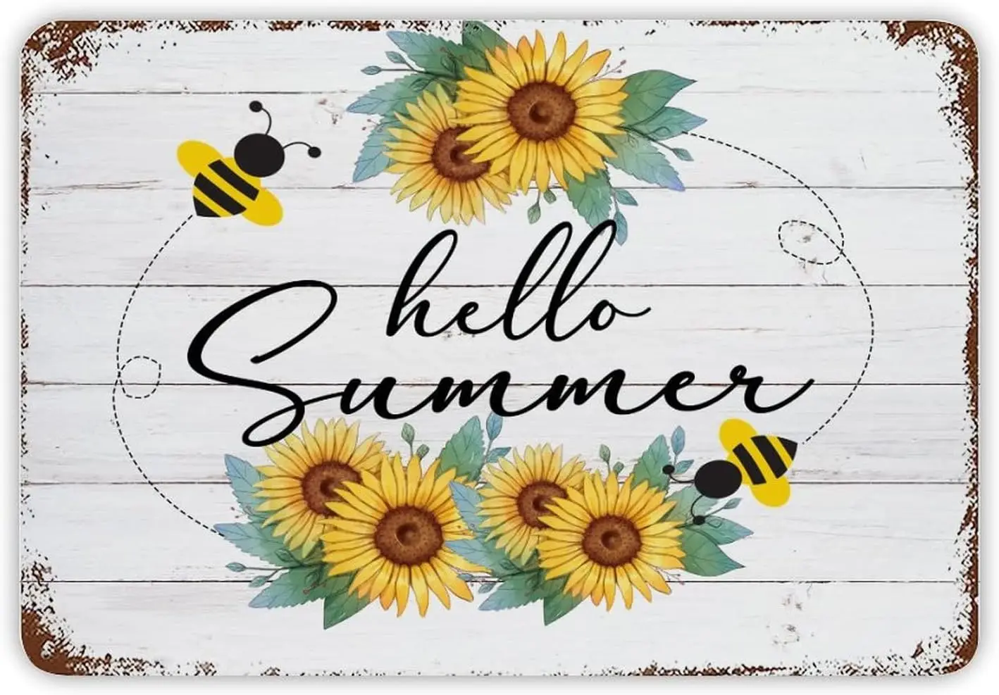 Hello Summer Sunflower Tin Plaque Rero Wood Grain Metal Sign Rust Style Iron Poster Painting Weddings Gift Farmhouse Nature Sign