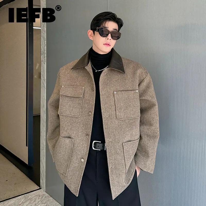 IEFB Niche Design Men's Jackets Pu Leather Patchwork Multi-pockets Cargo Solid Color Male Coats New Autumn Trendy 2024 9C7527