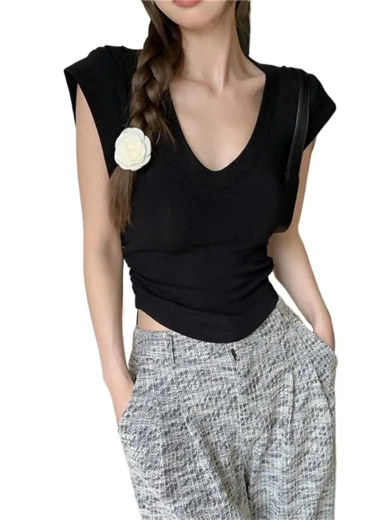 Summer New Girlish Knitted Cotton Sexy V-Neck Crop Tops Sheathy Solid 2 Side Elastic Tie Up High Street Trendy Club Blouses