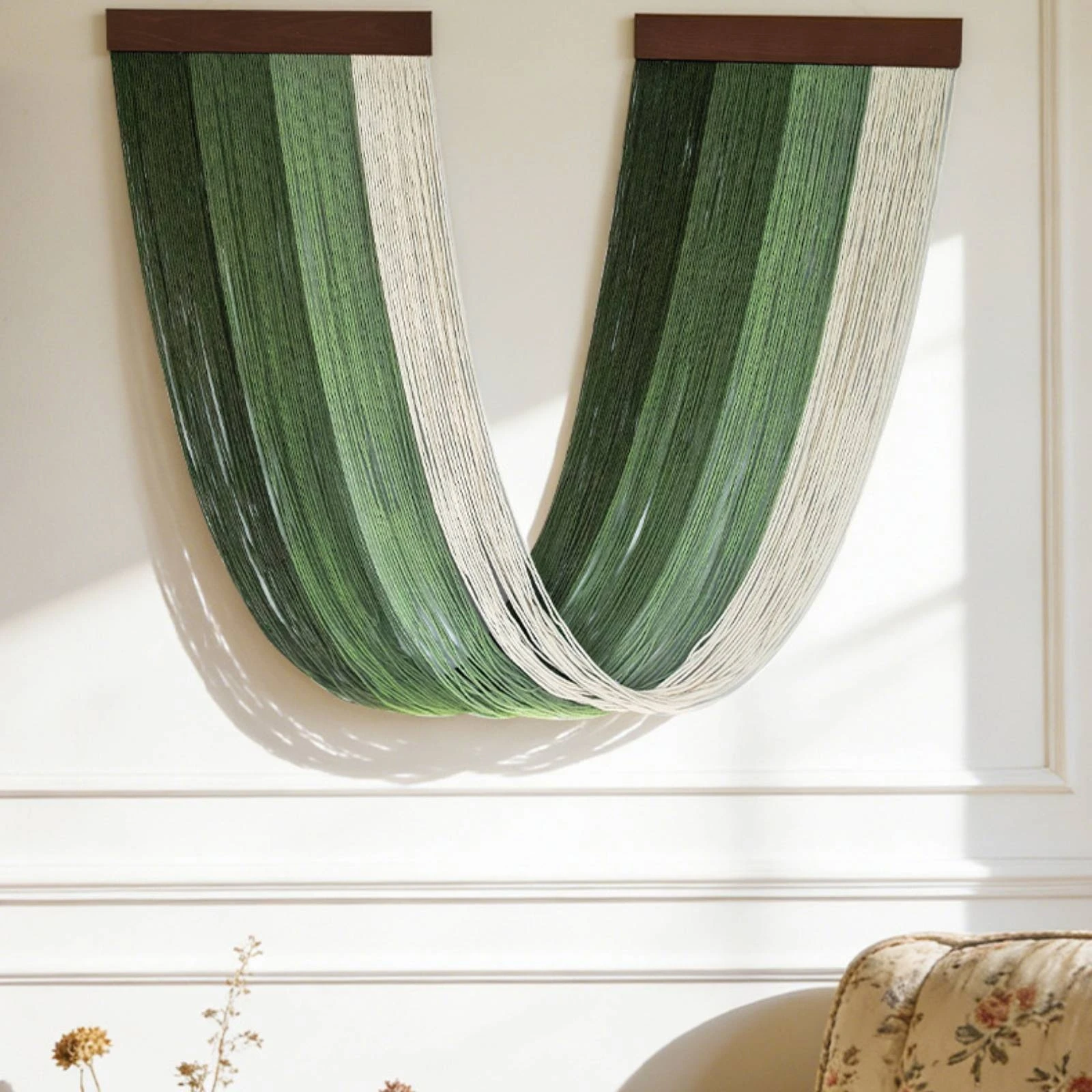 Macrame Wall Hanging - نسيج جداري مع عارضة خشبية، معلقة