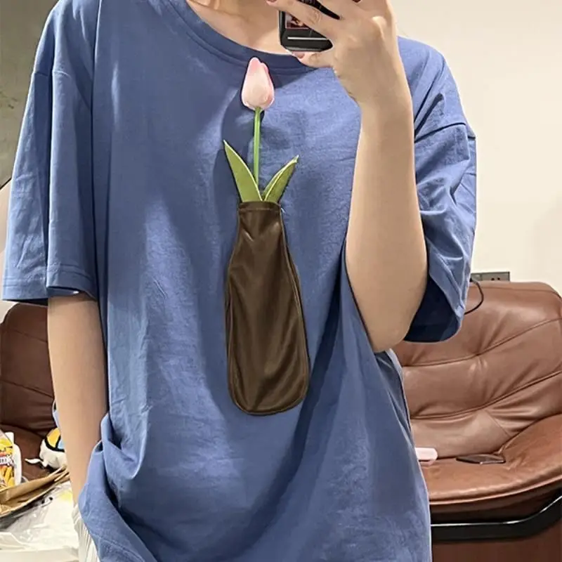 Summer Men O Neck Short Sleeve T Shirts 3d Flower Vase Removable Tulip Fashion All-match Loose Couple Clothing Black White Blue