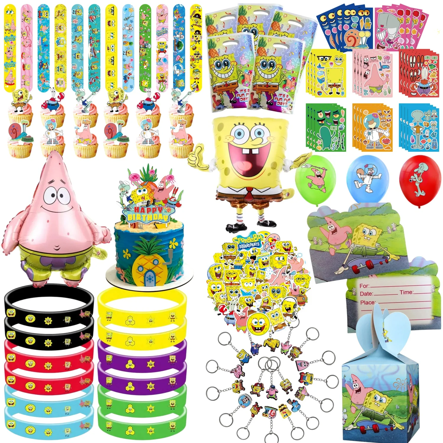 Recuerdos de Fiesta de Cumpleaños de Bob Esponja: Pulseras de Silicona, Llaveros, Pajitas, Rellenos para Bolsas de Regalo y Decoración de Fiestas