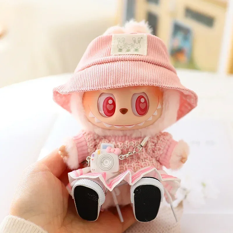 Mini Doll'S Clothes Outfit Accessories For 15-17cm Labubu Idol Knitted sweater JK pleated skirt camera shoes set Clothing Gift