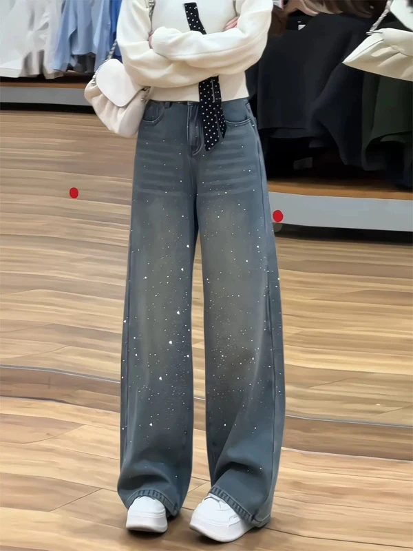 iny Fce Lined Wide Leg Jeans Loose Fit Thi Autumn Winter High Waist Commute Sle Water Waed Vintage Diamond Embelli...