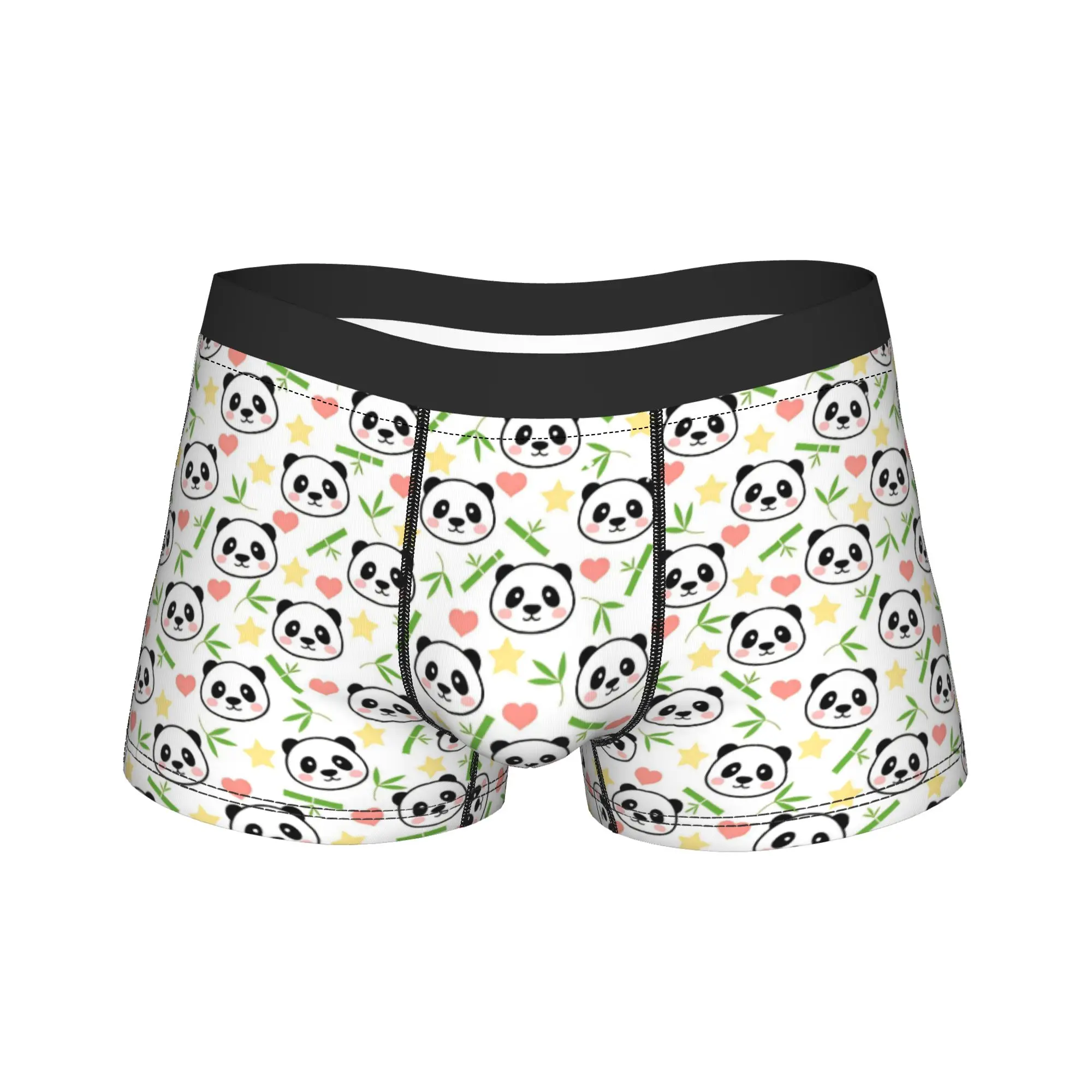 Kawaii Panda Bambus-Herz-Stern-Muster Unterwäsche, atmungsaktive Unterhose, bedruckte Boxershorts für Herren, Boxershorts in Übergröße