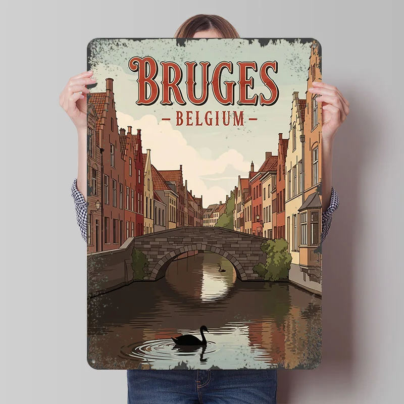 Targa in Latta Personalizzata di Bruges, Belgio, Poster Artistico da Parete, Insegna Metallica Retrò Vintage per Arredamento Casa e Stanza