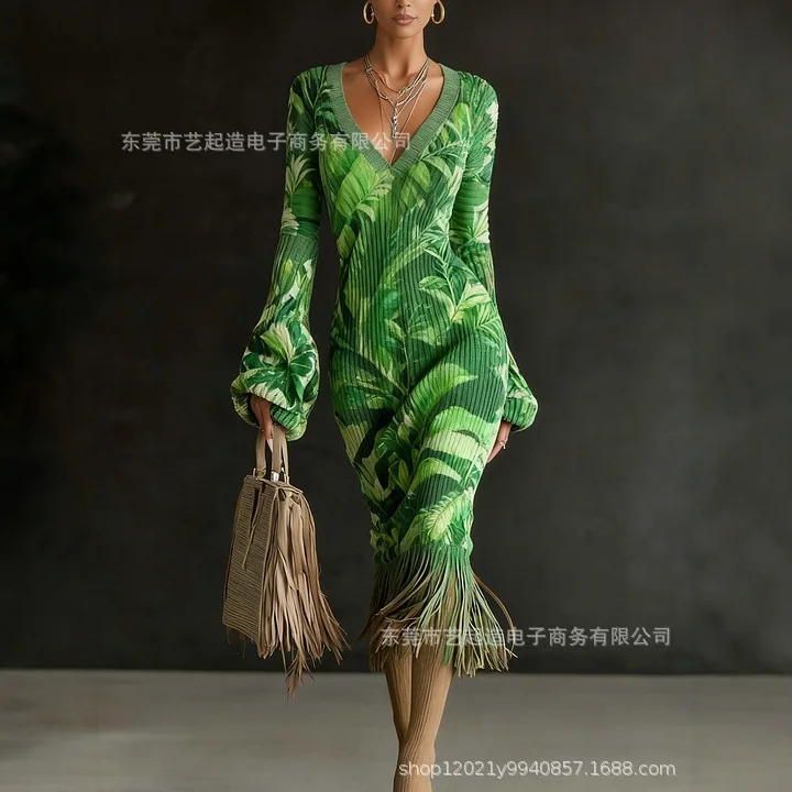 2026 New Fashion Printed Knitted Slim Fit Hip Dress Women Spring Sexy Elegant Retro Tassel V-Neck Long Sleeve Dresses For Women