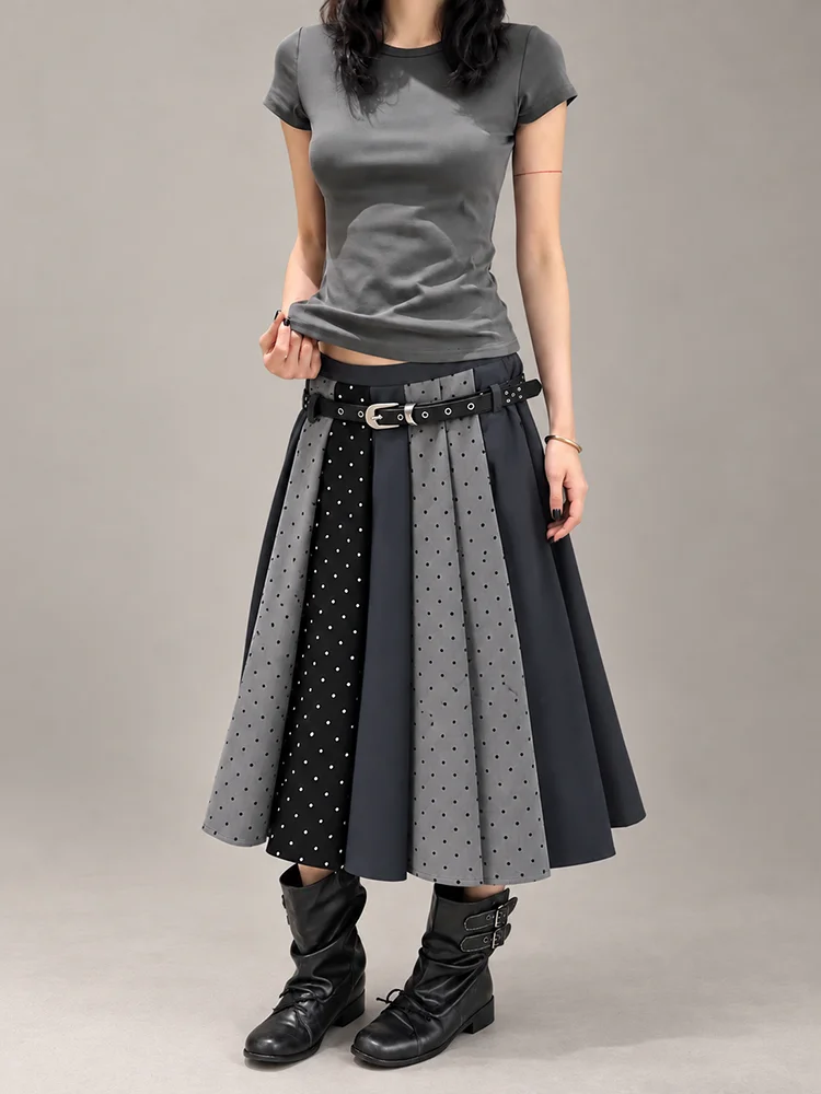 REDDACHiC Polka Dots Women Pleated Skirt Causal Color Block Low Rise Patchwork Draped A-line Midi Long Skirt Vintage Bottoms