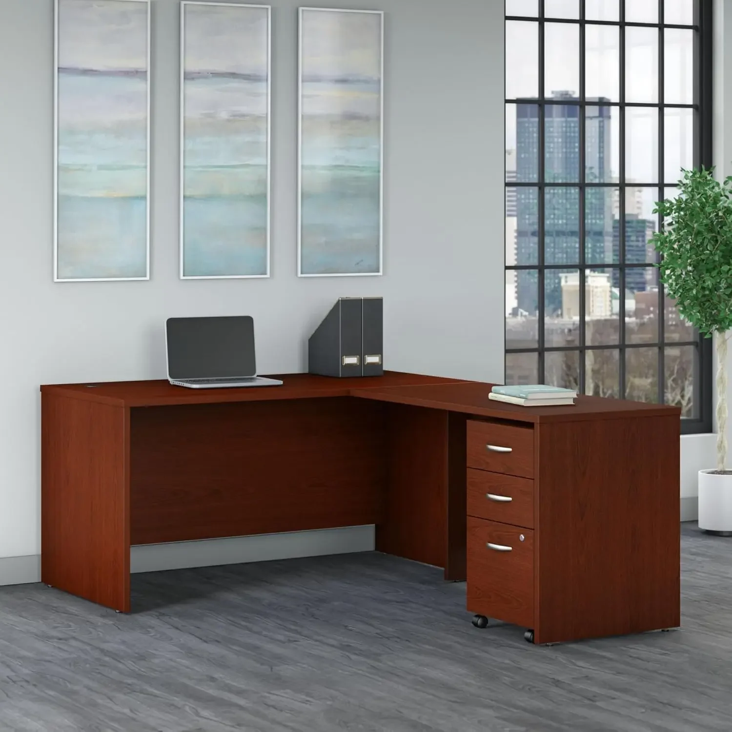 Bush Business Furniture Series C 60W Mesa em forma de L com armário de arquivo móvel de 3 gavetas em mogno