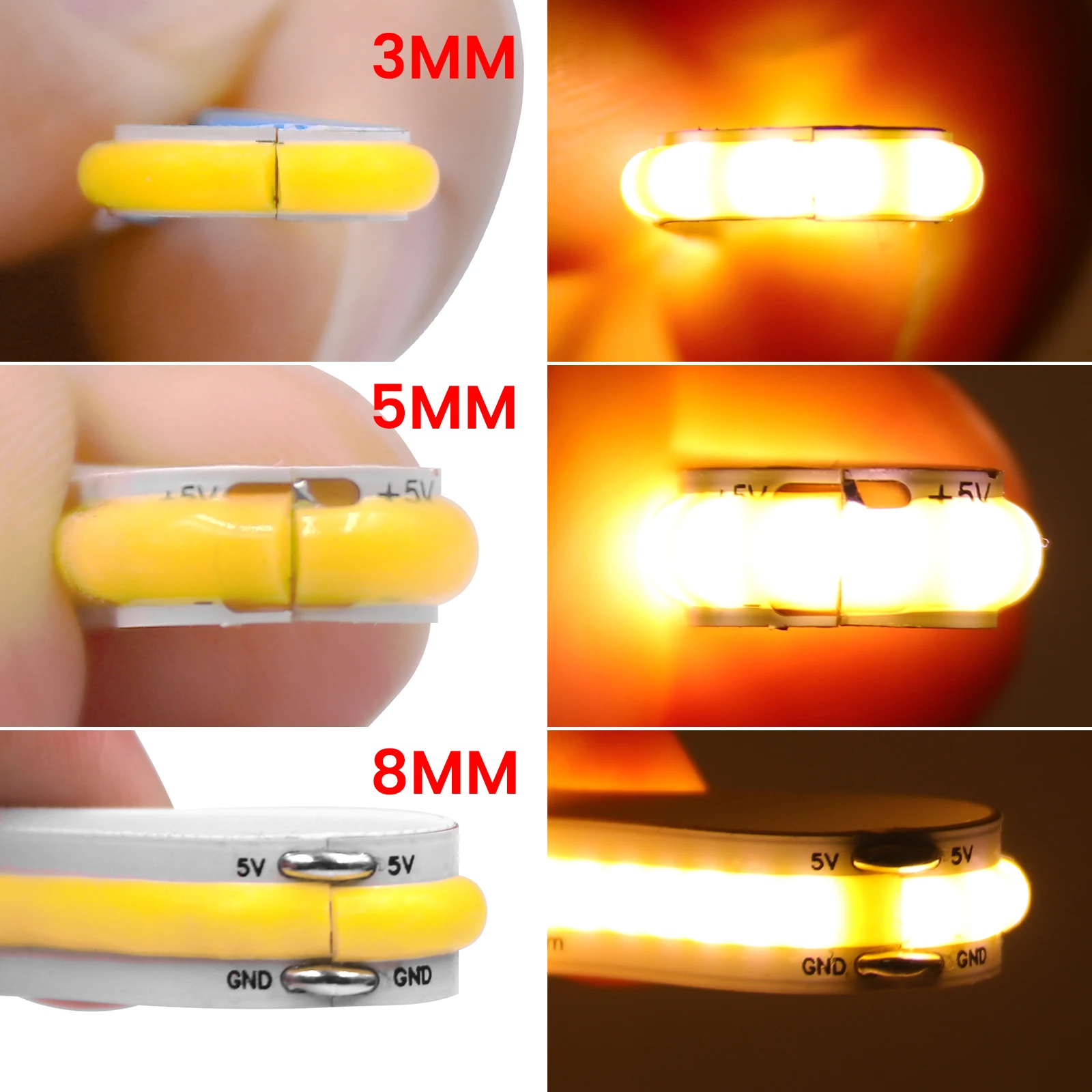 DC 5V 12V COB LED 스트립 조명, USB 320LEDs/m 고밀도 유연한 테이프, 3mm 5mm 8mm 너비, 홈 장식 램프