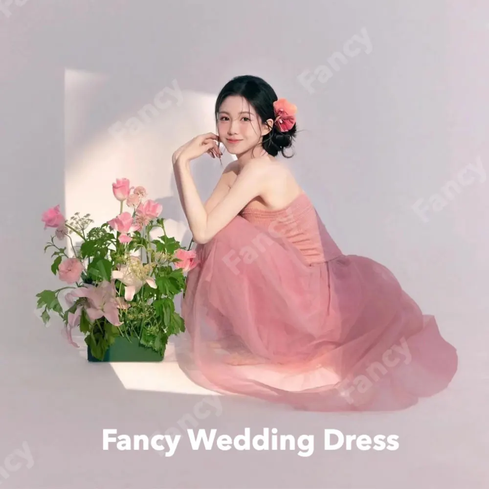 Fancy Korea Strapless Pink Wedding Dress Photography A Line Floor Length Evening Dress Sleeveless 웨딩드레스 Back Zip customized