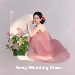 Fancy Korea Strapless Pink Wedding Dress Photography A Line Floor Length Evening Dress Sleeveless 웨딩드레스 Back Zip customized