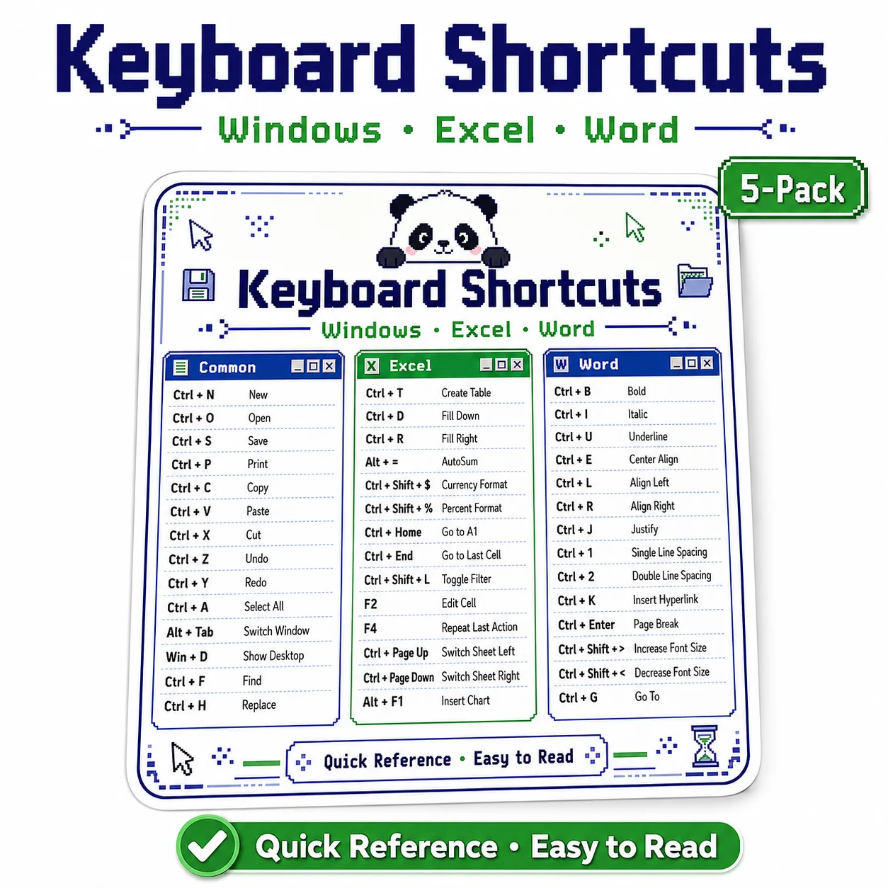 Retro Pixel Panda Keyboard Shortcut Stickers, 5-Pack Computer Quick Reference Guide for Work Study Desk, 9x9cm