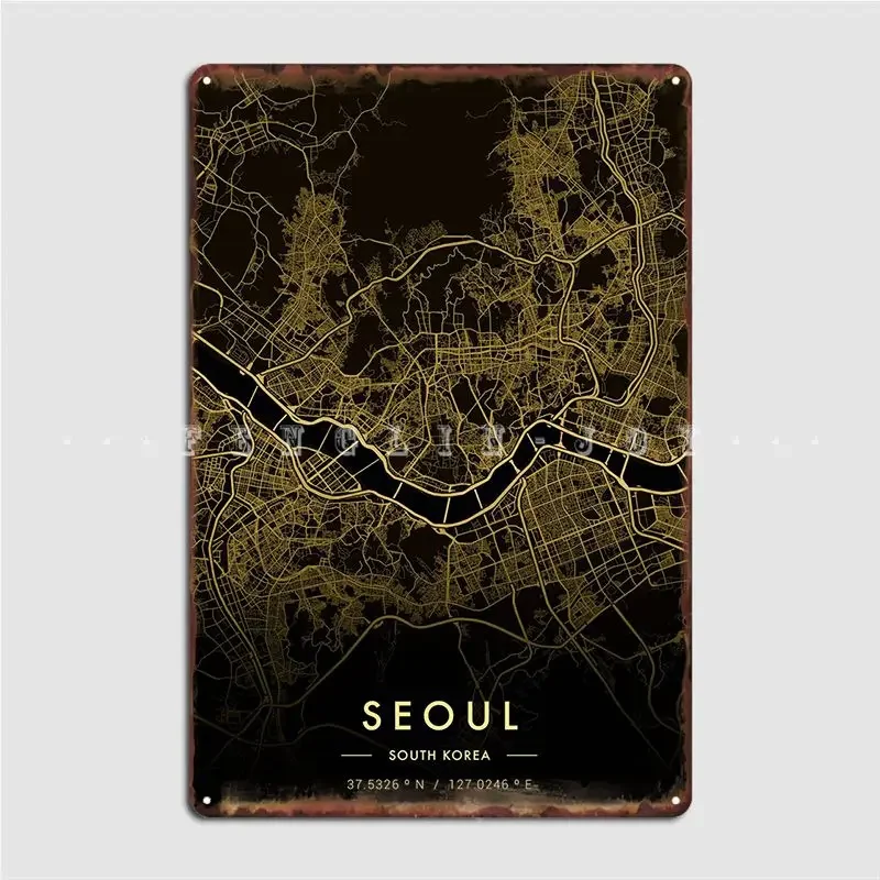 Seoul City Map Gold Metal Plaque Poster Wall Pub Pub Garage Retro Plaques Tin Sign Poster