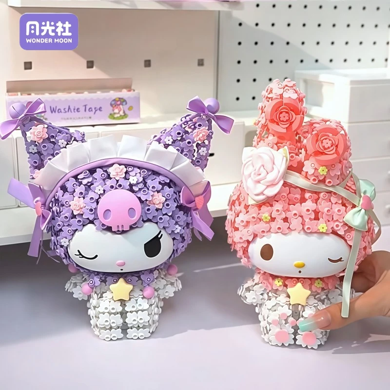 

Sanrio цветочный кластер, строительные блоки, конструкция Kuromi MyMelody, сделай сам, домашний декор, сборка, коллекция игрушек, подарок на день рождения для девочек