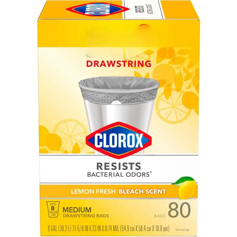 

Medium Drawstring Trash Bag with Clorox, 8 Gal, Lemon Fresh Bleach 80 Ct (Package May Vary)