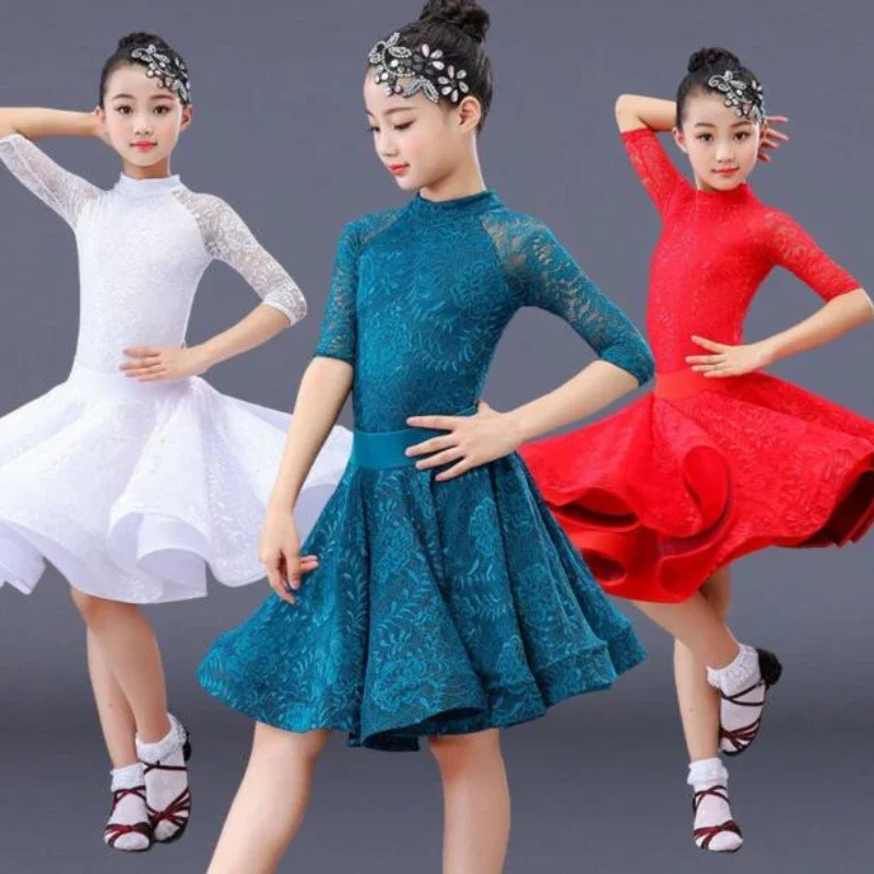 

Girls Long Sleeve Latin Dance Skirt Ballroom Salsa Tango Skirts Kid Child Lace Latin Dance Split Dress with Leotard and Skirt