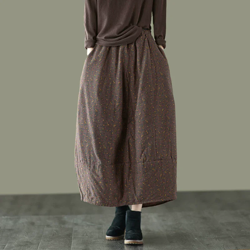 plus Size Women's Cotton Skirt Autumn Winter Retro Floral Elastic Waist Thick Artistic Flower Bud Skirt J1815