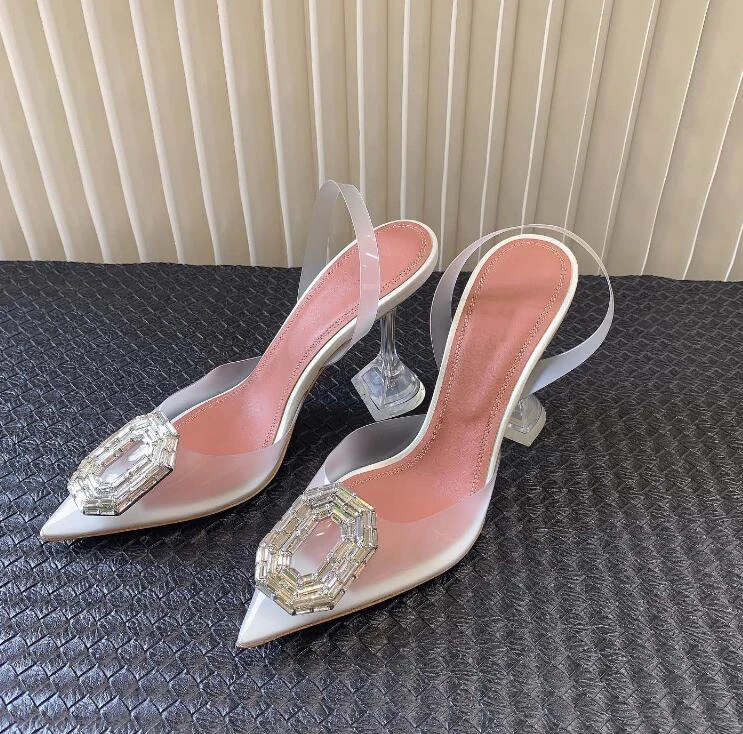 

Shiny Rhinestone Buckle Ladies Summer Sandal Shoes Clear Transparent Slingback Pointed Toe Sexy Wedding Party Shoe High Heel