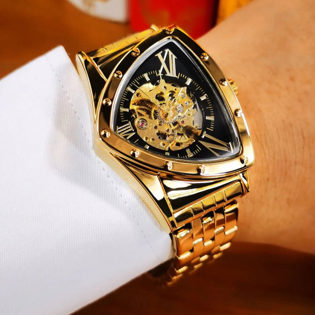 WINNER Classic Triangle Skeleton Automatic Watch for Men Fashion Business Mechanical Watches Stainless Steel Strap Wristwatches