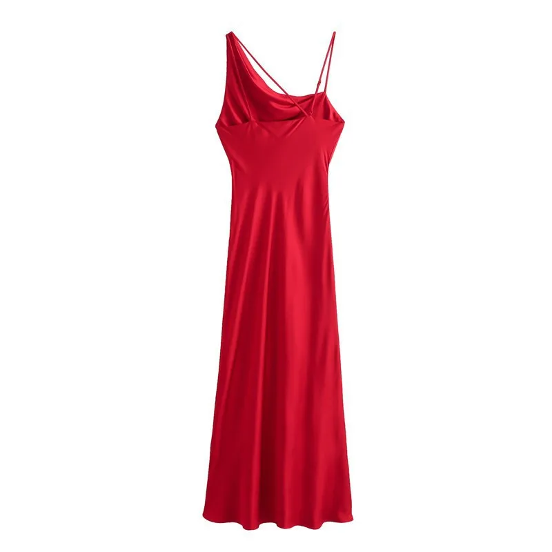 Verão feminino novo sexy ombro inclinado vermelho cetim textura suspender sem mangas streetwear vestido vestidos de noite