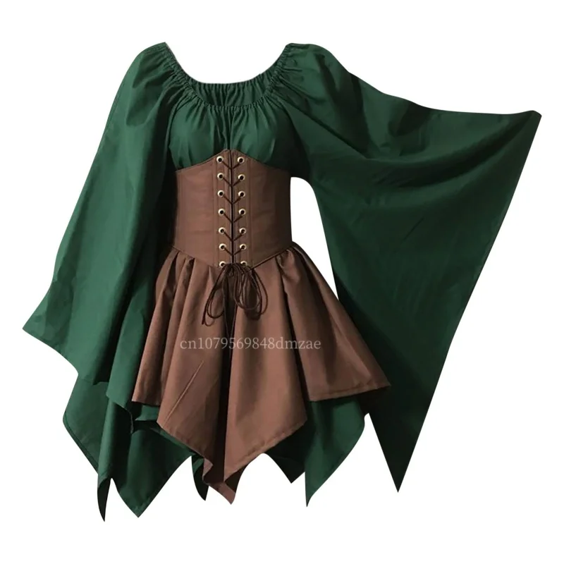 New Cosplay European and American Flared Sleeve Long Sleeved Medieval Renaissance Dress with Patchwork Long Skirt