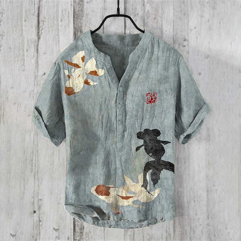 Men's Vintage Hawaiian Art Print Wave Series 3D Digital Printed Casual Loose Short Sleeve Shirt Plus Size