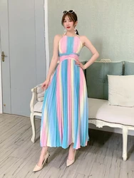 2023 New Summer Women Sexy Halter Spaghetti Strap Long Dress High Quality Sweet Gradient Rainbow Color Pleated Hem Beach Dress