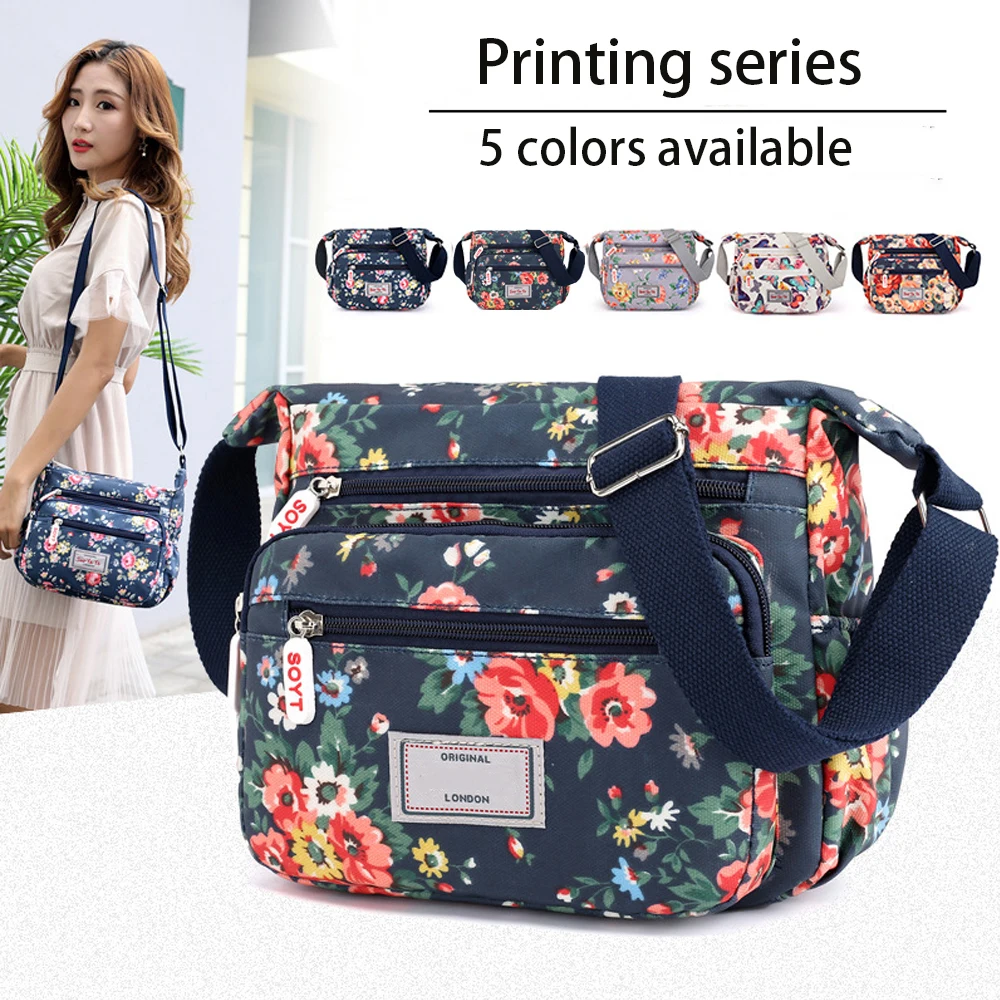 حقائب يد كروس عصرية متعددة الجيوب بنمط الأزهار حقيبة كتف نسائية مقاومة للماء من النايلون كاجوال بسحاب حقيبة كروس نسائية