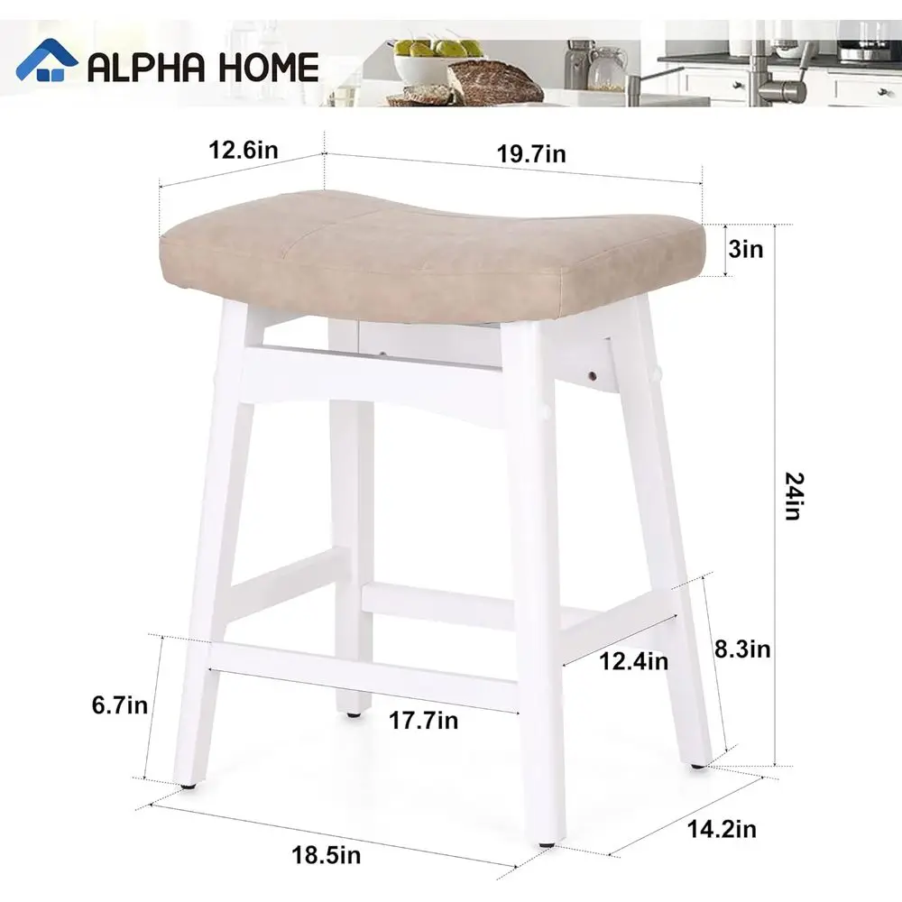 Par de bancos de bar de madeira maciça de 24 polegadas com almofadas de couro PU bege para áreas de cozinha e jantar