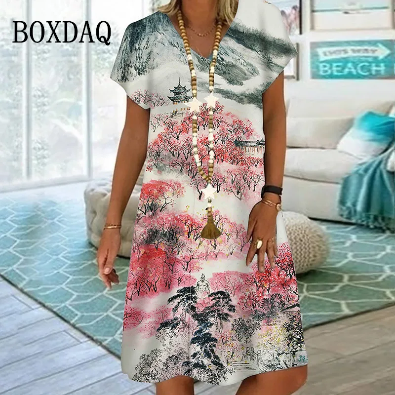 Women Dresses 2023 Vintage Floral Print Art Painting Dress Summer Short Sleeve Loose Lady Oversized Clothing Casual V-Neck Dress