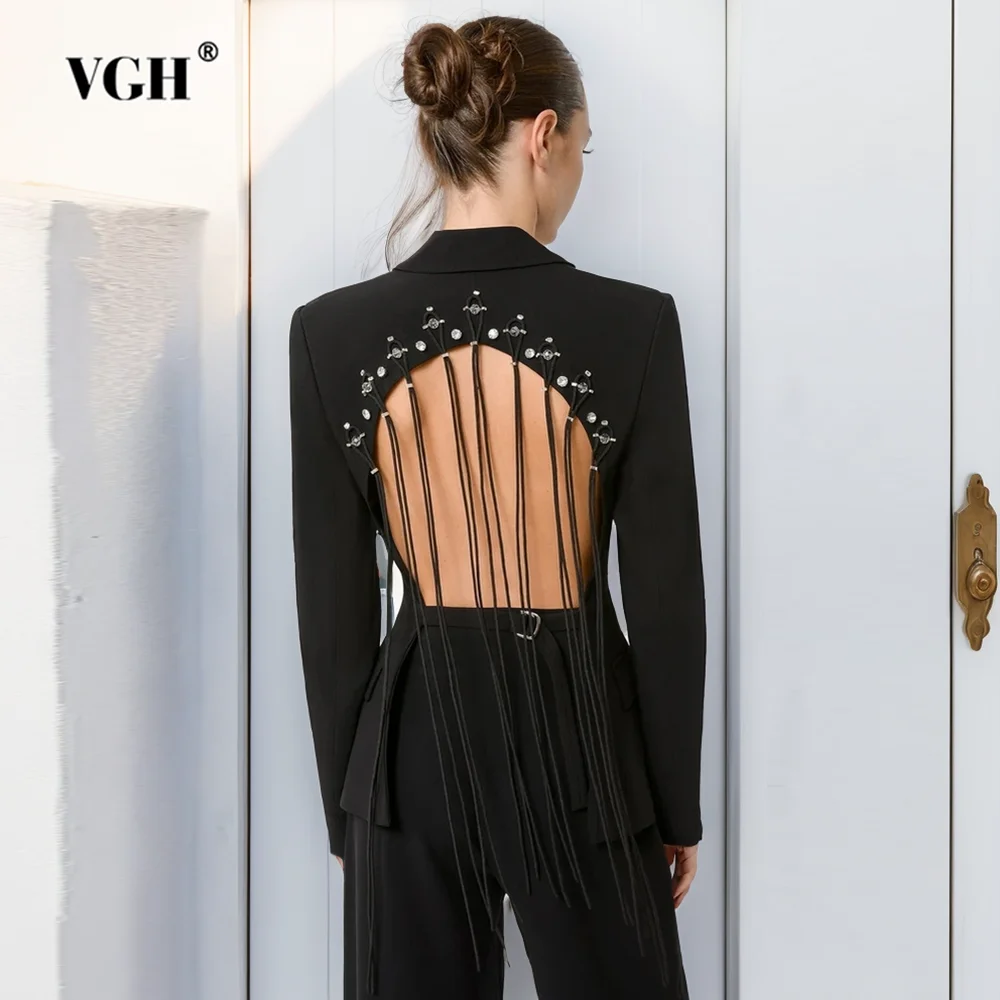 VGH Hollow Out Patchwork Drawstring Blazers For Women Notched Collar Long Sleeve Backless Spliced Button Blazer Female Fashion