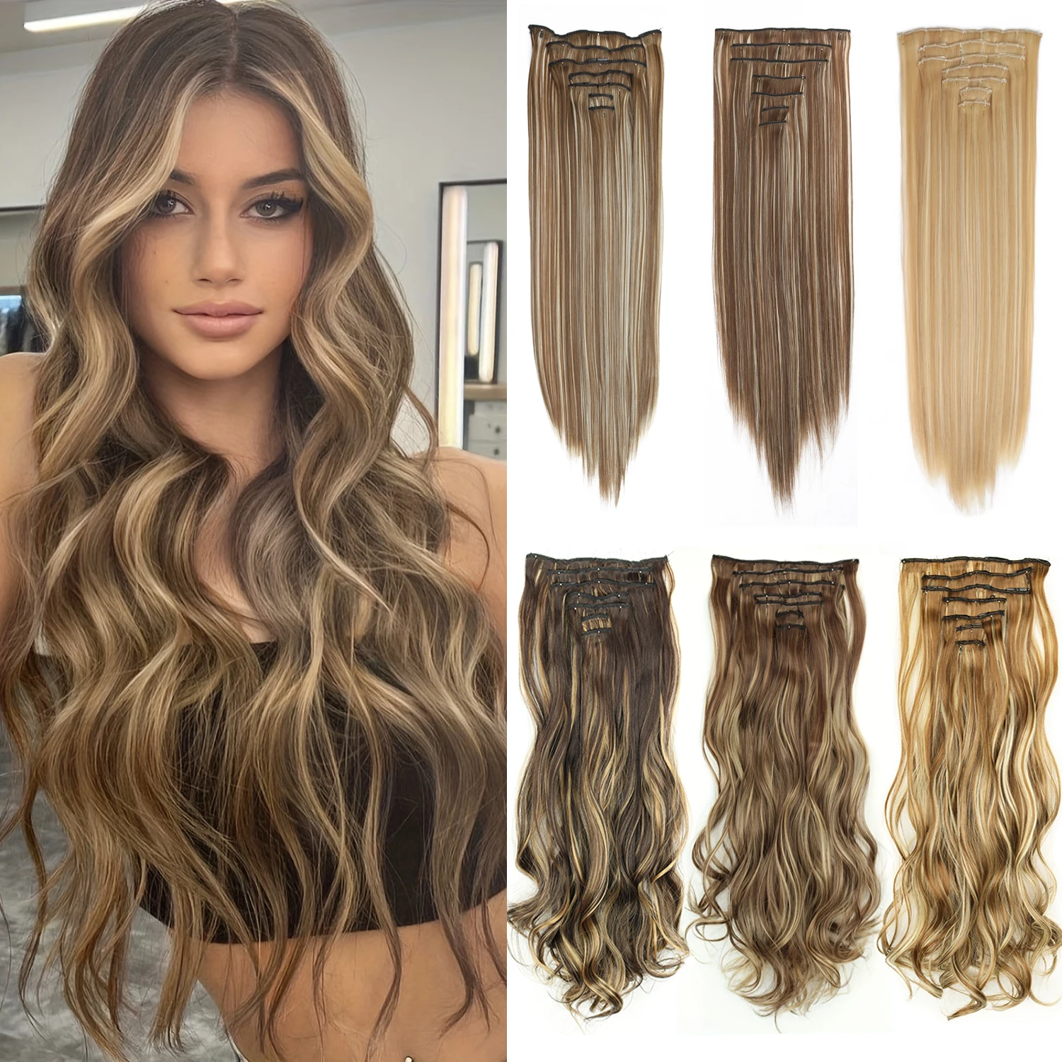 7-teiliges Set mit 16 Clips, Haarverlängerung, schwarz, lang, glatt, natürliches Haar, Ombre-Haarteil, hitzebeständige Faser für 2027