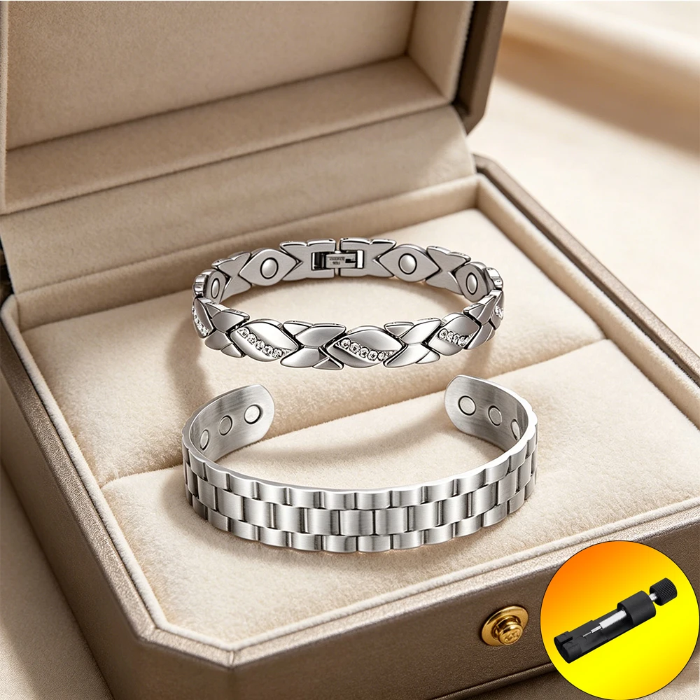 2Pcs Set Silver Stainless Steel Magnetic Therapy Bracelet Cuff Bangle Zircon Inlaid Health Energy Jewelry for Women Men