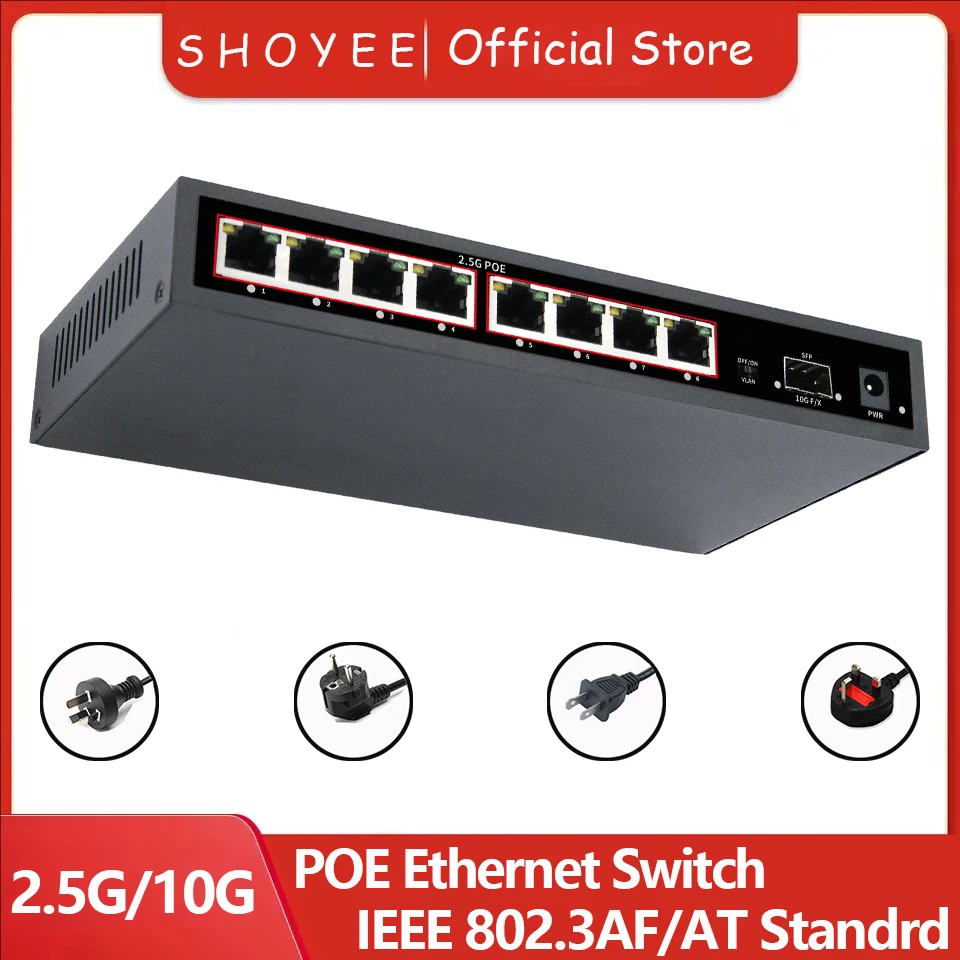 9-Port POE RJ45 Ethernet Switch 2.5GbE 10G SFP+  Network Switch with for Uplink Unmanaged Plug and Play,for IP Camera/NVR