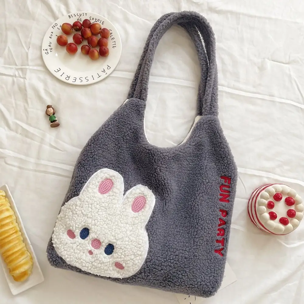 Kawaii Lamb Plush Shoulder Bag Large Capacity Embroidery Cartoon Handbag Purse Makeup Bag Plush Doll Bag Student