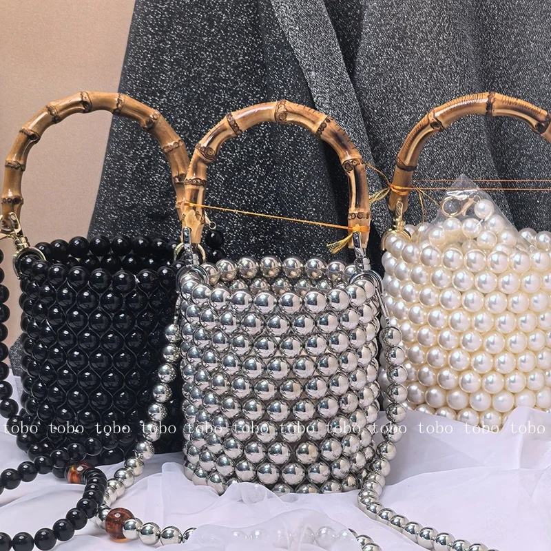 New Mini Silver Shoulder Bucket Bags Luxury Designer Celebrity Bamboo Handle Bucket Bag Pearl Chain Ladies Luxury Handbags