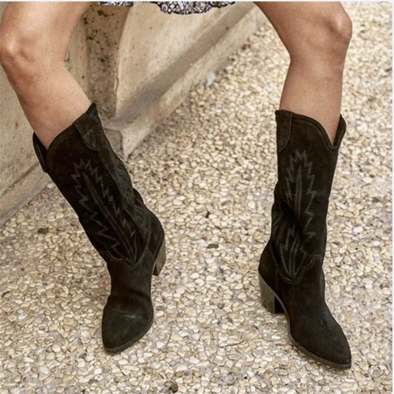 Nude Suede Embroidered Mid-Calf Boots Women Designer Shoes Thick Heel Pointed Toe Cowboy Boots for Women Knight Botas Femininas