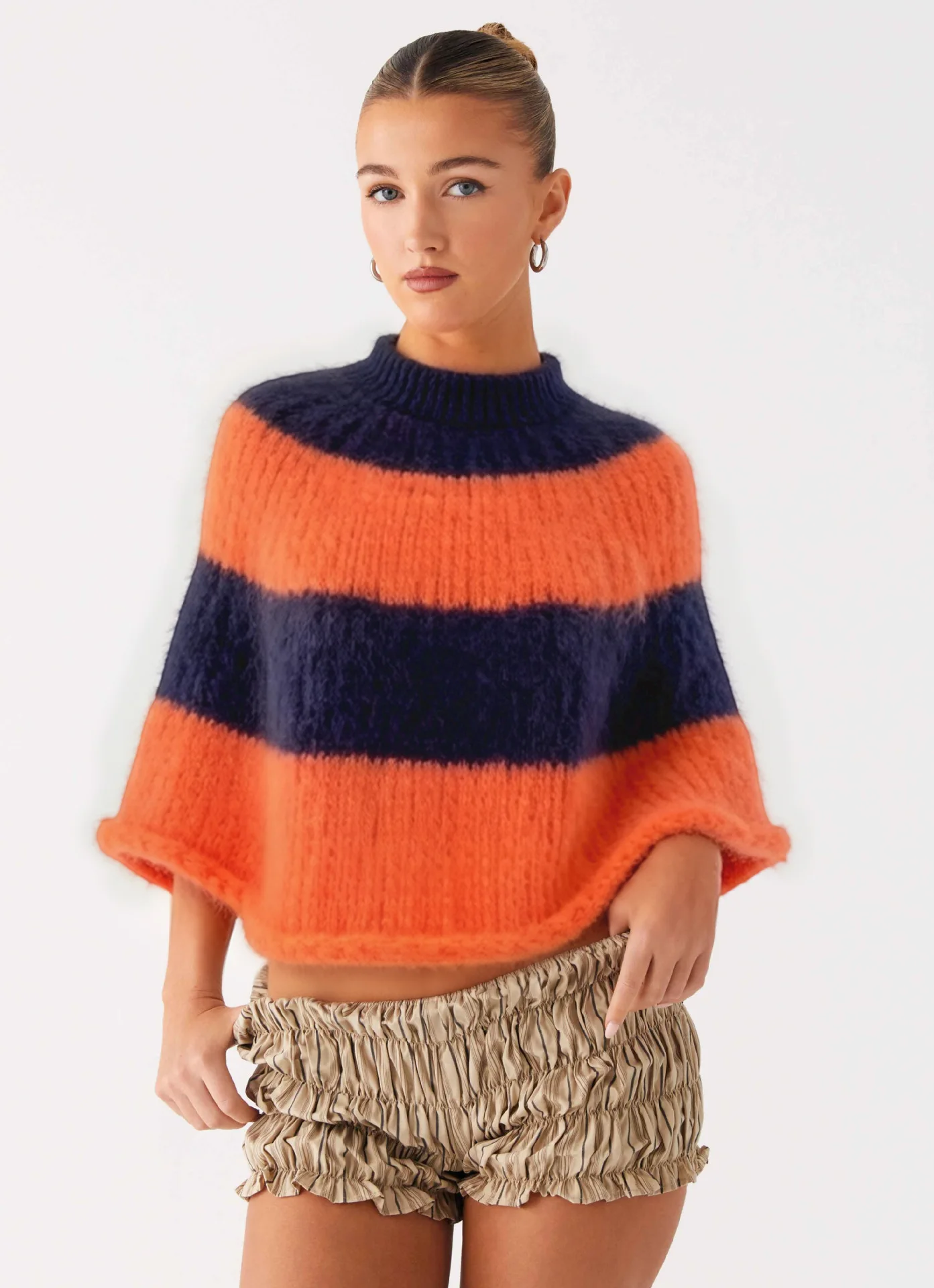 2026 Autumn Lady Oversized Chic Sweater Casual Women's Stripe Knit Short Shawl Loose O-neck Full Sleeve Female Cropped Pullover